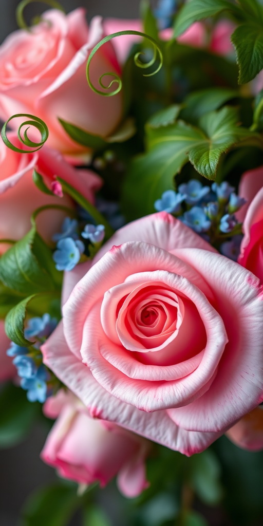 Create an image of a bouquet of roses with swirling green leaves and small blue flowers, using a DSLR camera with a 50mm lens, aperture set to f/2.8, ISO 100, and a shallow depth of field for a soft background.