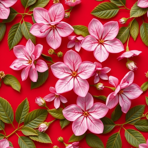 create a seamless floral pattern featuring pink flowers on a red background, captured with a DSLR camera at f/8, 1/125s, ISO 200, overhead view, vibrant colors, high resolution, with a sharp focus on details
