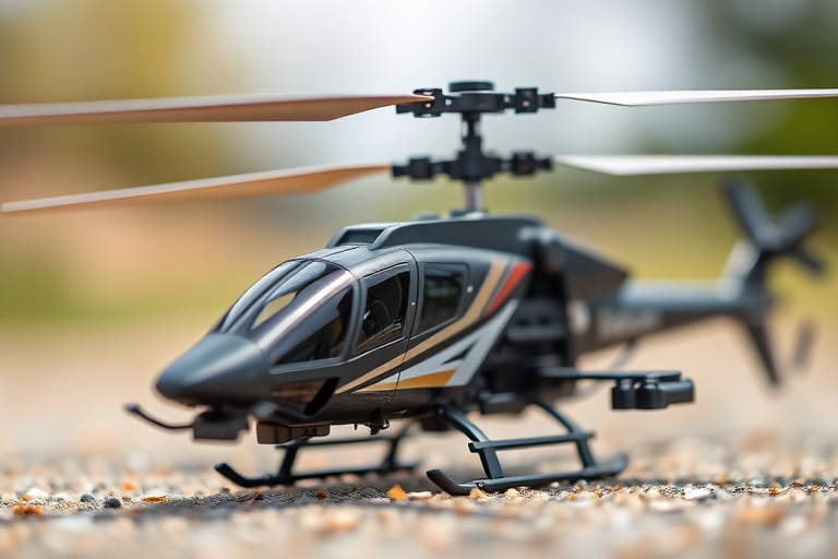 high-quality photo of a model helicopter on the ground, shallow depth of field, 50mm lens, f/2.8 aperture, ISO 100, natural lighting, close-up shot, taken with a DSLR camera