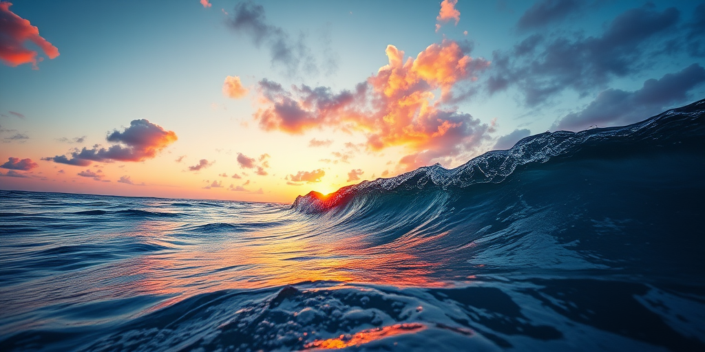 vibrant rainbow ocean waves at sunset, 50mm lens, f/8 aperture, ISO 100, 1/250 sec shutter speed, wide-angle view, DSLR camera, high dynamic range settings