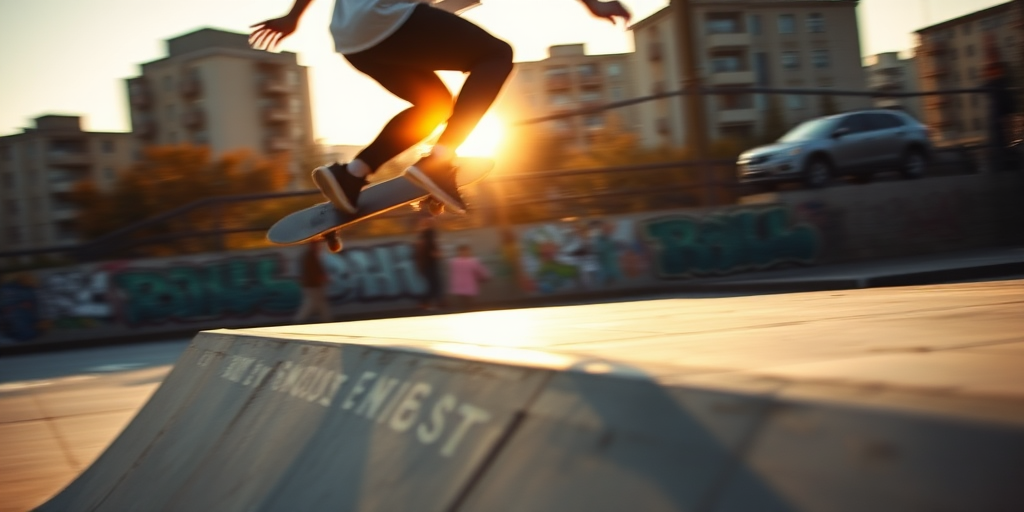 Blurry, dynamic shot of a skateboarder performing a trick off a ramp, soft golden light from the setting sun casting long shadows, with distant city buildings and graffiti-covered walls barely visible in the background.