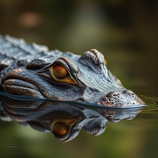 Capture a close-up of a crocodile's head partially submerged in water, focus on reflections with a shallow depth of field, use a DSLR camera with a 50mm lens set to f/2.8, ISO 200, shutter speed 1/200, natural light with a soft background blur.