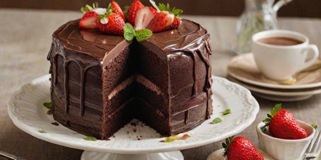 Create an image of a rich chocolate cake with multiple layers, featuring a smooth chocolate frosting. The cake should be adorned with fresh strawberries and mint leaves on top, showcasing a slice that reveals the moist layers inside. The setting should have a soft, natural light to enhance the dessert's appeal.