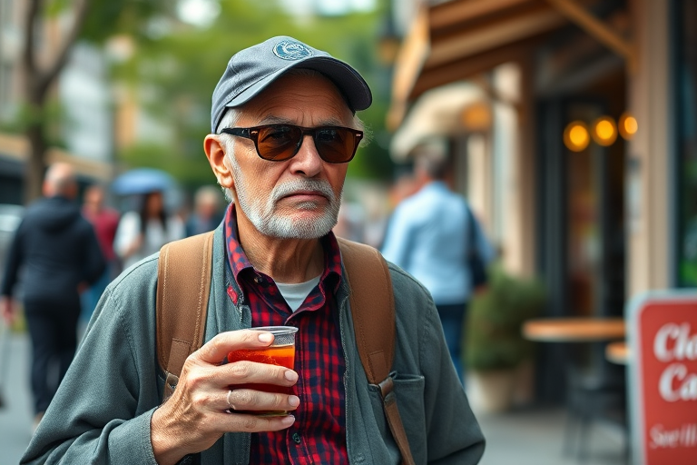 Capture an elderly person walking on a cafe street wearing sunglasses and a cap, holding a coffee cup and a drink, using a full-frame DSLR camera, 50mm lens, aperture f/2.8, shutter speed 1/200s, ISO 100, natural lighting, shallow depth of field for a blurred background.