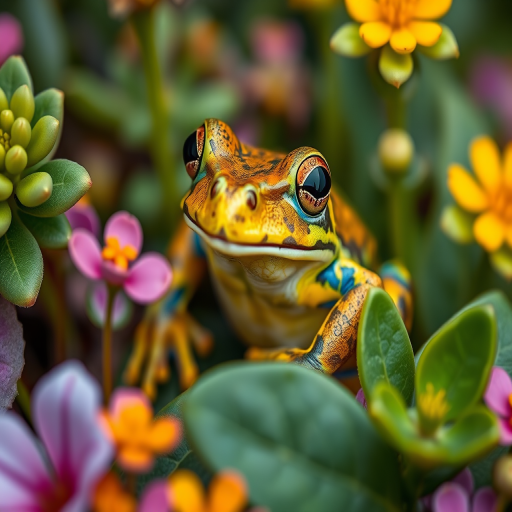 Create a highly detailed image of a colorful frog surrounded by ornamental flowers and leaves, captured with a Canon EOS R5 at f/2.8, ISO 100, and 1/200 sec, using a macro lens for a close-up view and vibrant colors that enhance the textures and patterns.