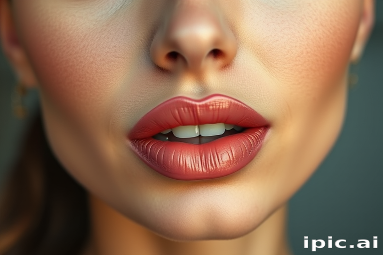 Charming woman lips adorned with rosy nude satin finish, full face portrait emphasizing understated elegance and timeless appeal