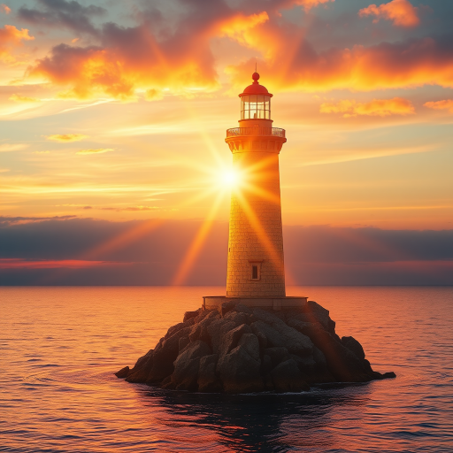 Generate an image of a tall lighthouse perched on a rocky outcrop surrounded by calm ocean waters during a breathtaking sunset. The lighthouse stands sturdy and weathered, its stone surface illuminated by the warm golden light of the setting sun. The sun's rays pass directly through the glass lantern room at the top of the lighthouse, casting a brilliant light across the scene. The sky is painted with vibrant shades of orange, pink, and purple, reflecting off the tranquil sea. The surrounding water shimmers with the same warm hues, creating a serene and majestic atmosphere.