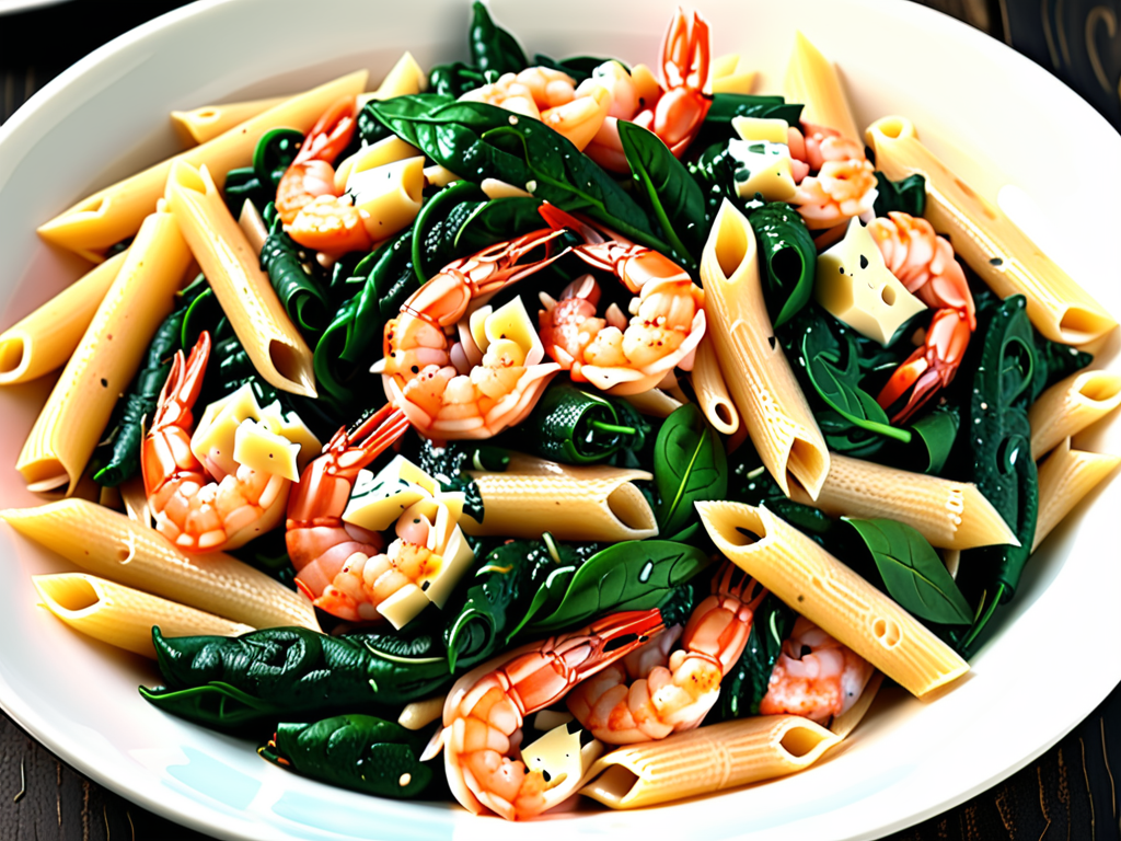 cheese shrimp penne pasta & spinach