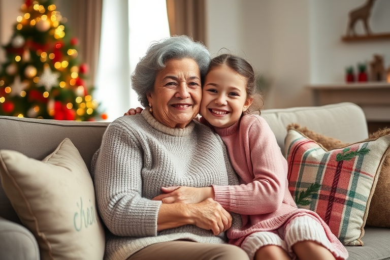 Create a warm and cozy indoor scene featuring a joyful grandmother and granddaughter embracing on a sofa adorned with festive pillows, a decorated Christmas tree in the background, captured with a Canon EOS R5 camera, 50mm lens, f/1.8, ISO 200, with soft natural lighting to enhance facial expressions and holiday ambiance.