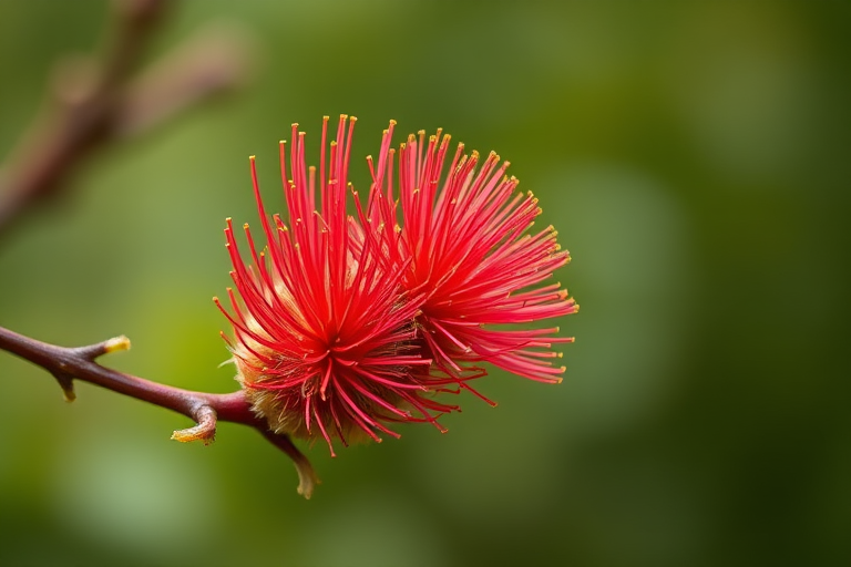 capture a close-up of a vibrant red bottlebrush flower on a branch with blurred green background, use macro lens, f/2.8 aperture, 1/100 sec shutter speed, ISO 100, natural light for enhanced clarity and detail