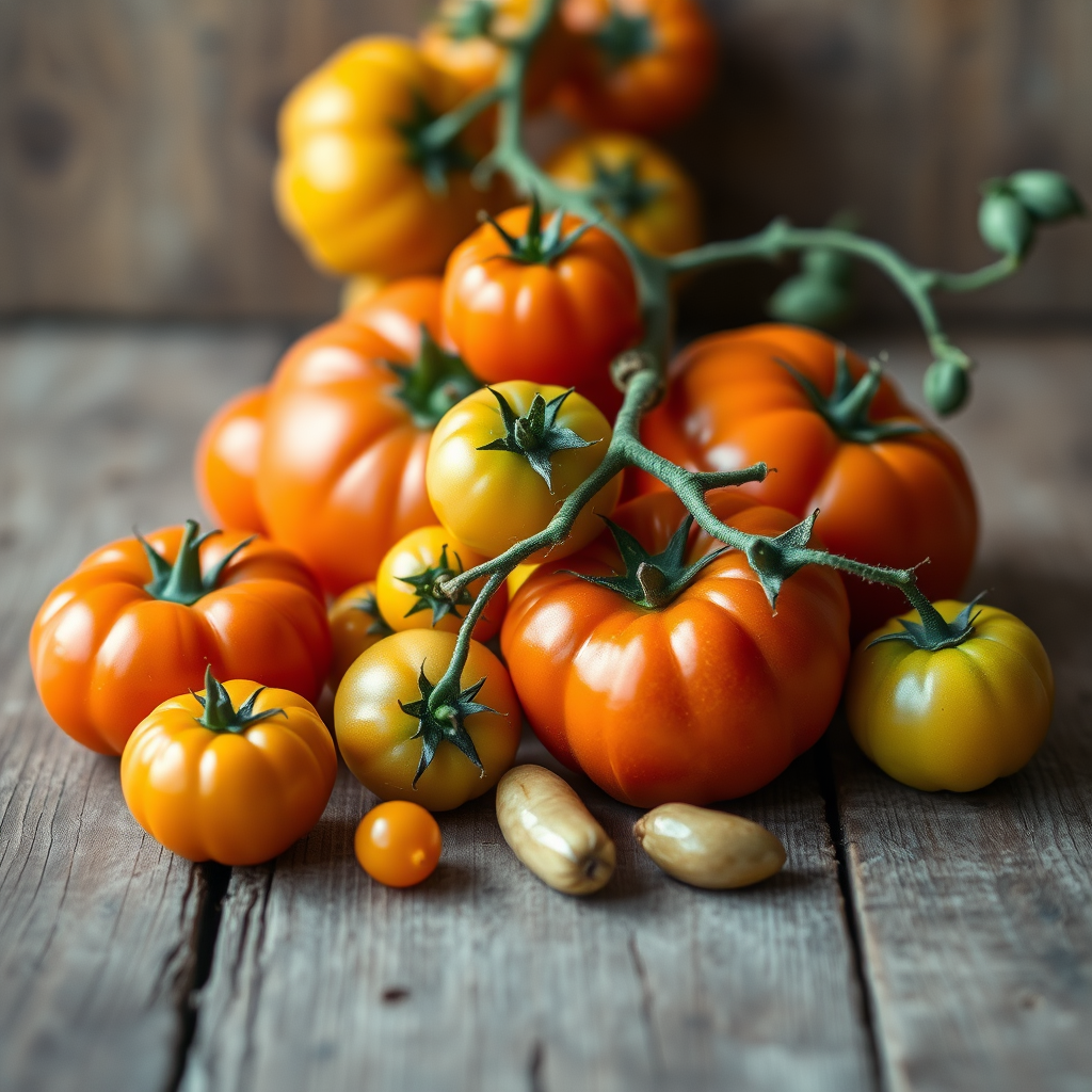 Still life of various tomatoes in shades of orange, green, and yellow on a rustic wooden surface, captured with a Canon EOS R5, 50mm lens, f/2.8 aperture, ISO 100, natural light, shallow depth of field.