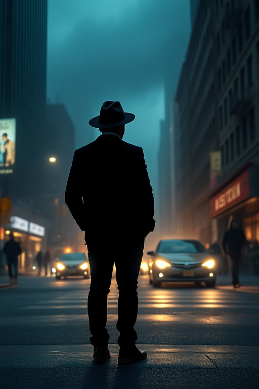 Generate a moody urban scene featuring a silhouetted figure in a fedora standing on a foggy street with skyscrapers, vintage cars, and blurred pedestrians, captured in low-light conditions using a DSLR camera with a 50mm lens at f/1.8, ISO 100, and a shutter speed of 1/125s, with a cinematic style and dramatic lighting.