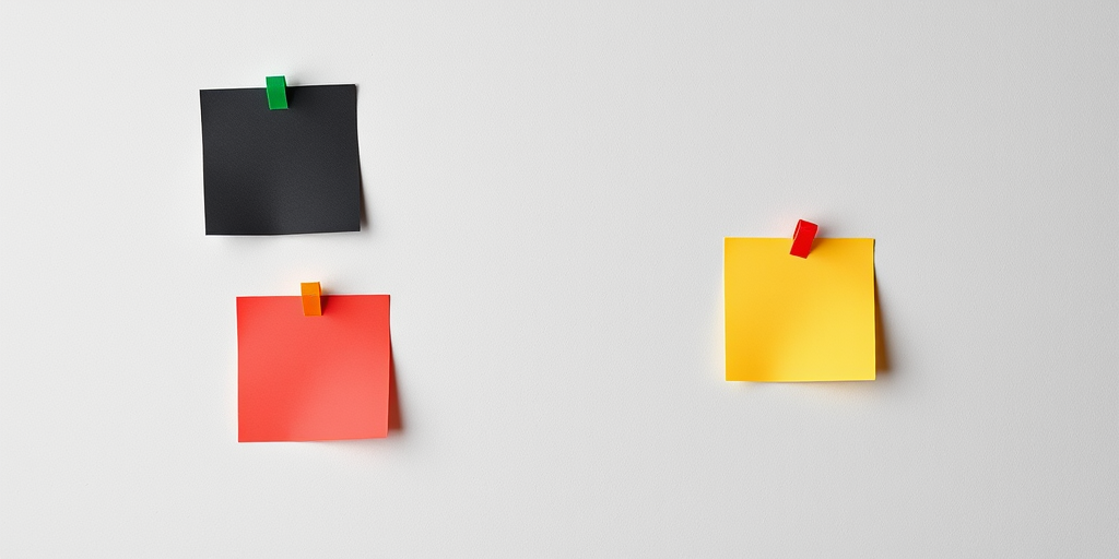 Create an image of three colorful sticky notes (black, red, and yellow) pinned to a light gray wall, with a clean minimalist style, using a DSLR camera set to f/8 aperture, 50mm lens, ISO 100, with soft natural lighting for enhanced clarity.