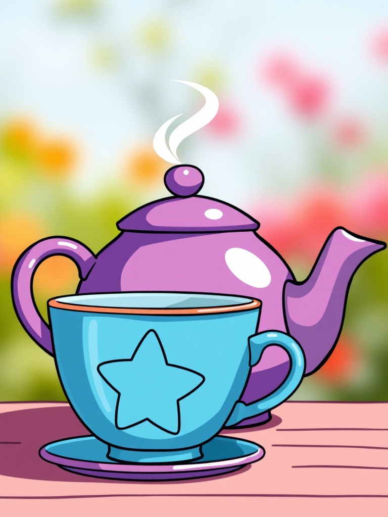 A vibrant and whimsical illustration of a purple teapot with steam rising, next to a blue cup with a star design, captured in high-resolution with a DSLR camera, aperture f/2.8, ISO 100, 50mm lens, in bright daylight, emphasizing bold colors and cartoonish style with a shallow depth of field.