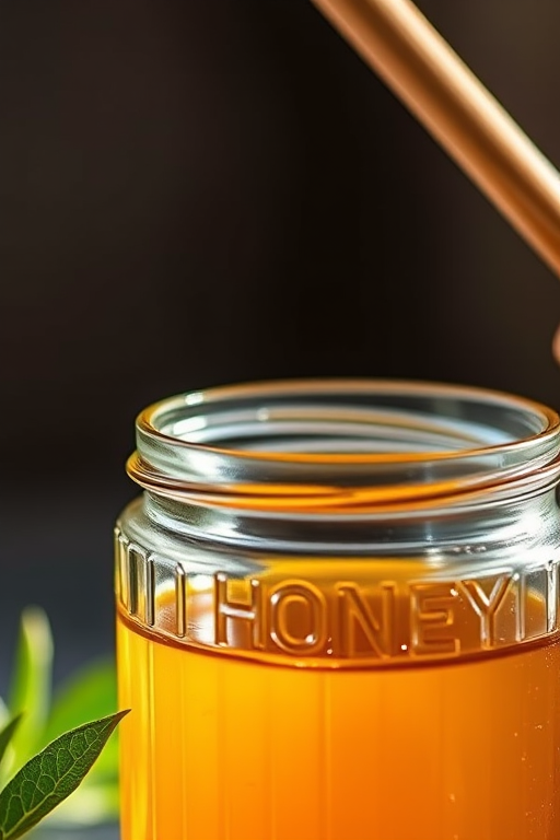 Create a high-resolution image of a glass jar filled with honey, captured with a Canon EOS R5 at f/2.8, ISO 100, 1/200 sec, in a close-up view, using natural soft lighting to highlight the jar's details and texture.