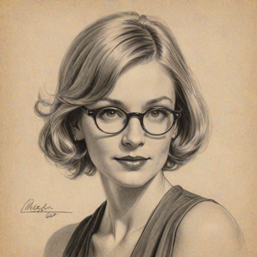 Splendid Meredith Monroe, pencil sketch, portrait of Graceful woman 1924s in glasses, hair style beatnik, outline, clear lines, fine lines, 8k