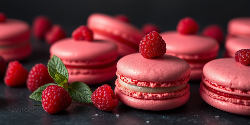 macro view of an assortment of pink and red macarons with fresh raspberries on a dark background, using a Canon EOS R5, 100mm f/2.8 macro lens, aperture set to f/2.8, ISO 100, natural light, slight overhead angle for depth.