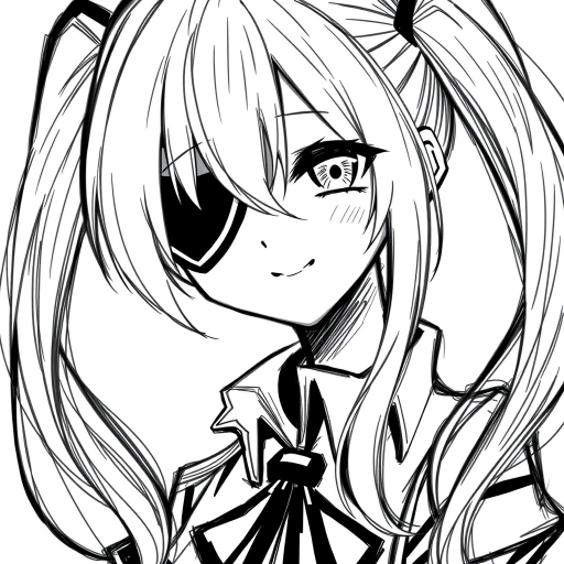 1girl, Best quality, quan,hyouuma,wanke,nikorashi-ka,sofra,you shimizu, voice actor connection, white background, looking at viewer, monochrome, hair between eyes, closed mouth, smile, cosplay, sketch, long hair, greyscale, eyepatch, twintails, low twintails, portrait, kagune (tokyo ghoul), solo, crossover, simple background,