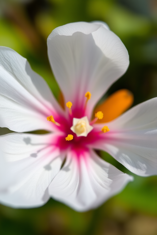 A close-up photograph of a white flower with a pink center and yellow stamen, captured in natural lighting using a DSLR camera, aperture f/2.8, shutter speed 1/200s, ISO 100, with a shallow depth of field to enhance details.