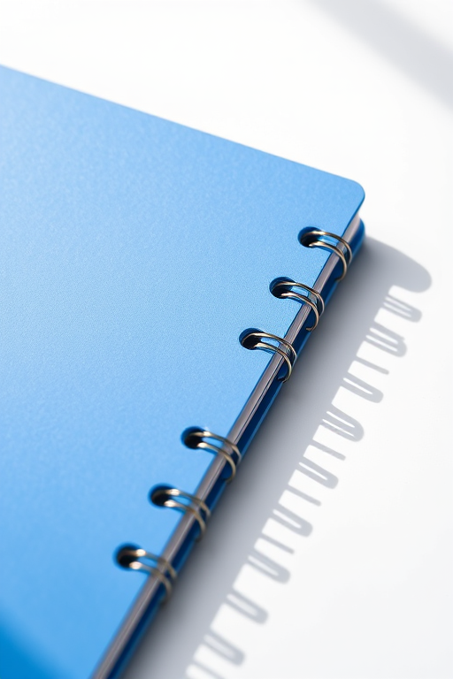 a realistic close-up of a blue spiral notebook on a white background with soft shadows, high resolution 300 DPI, aperture f/8, ISO 100, focal length 50mm, natural lighting, DSLR camera