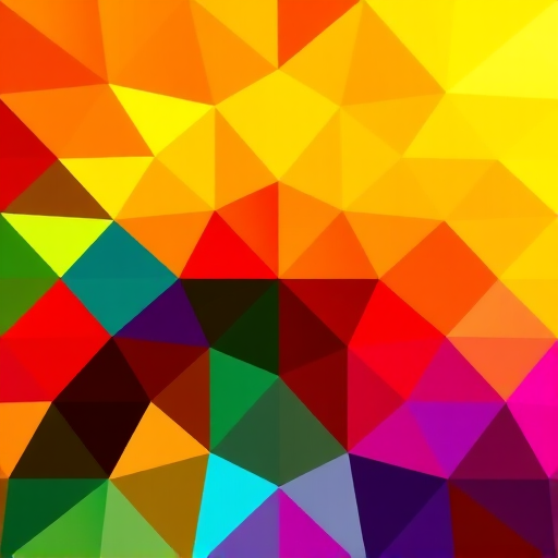 Generate an abstract colorful geometric pattern with vibrant reds, oranges, yellows, greens, and blues, use a Canon EOS R5 camera with a 50mm lens, set aperture to f/8, ISO 100, and shutter speed of 1/125 sec for high detail and clarity, capture the scene from a slightly elevated angle with a soft focus background to enhance the foreground colors.
