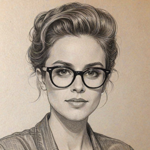 Enchanting Samantha Ronson, pencil sketch, portrait of Elegant woman 1952s in glasses, hair style beatnik, outline, clear lines, fine lines, 8k