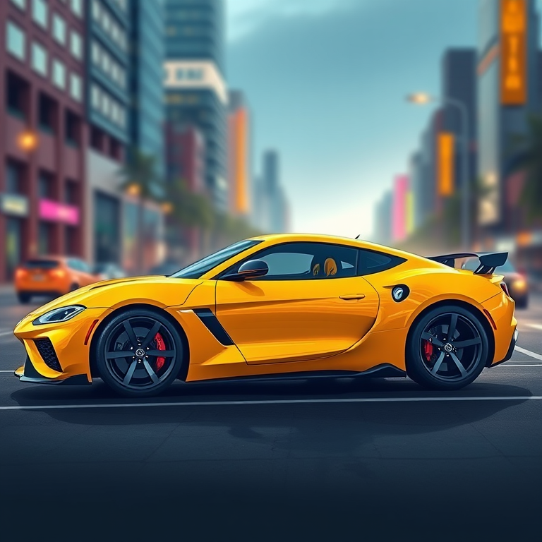 Create a high-resolution digital illustration of a yellow sports car with a sleek design, featuring a blurred cityscape background, using a Canon EOS R5 with a 50mm f/1.2 lens, aperture set to f/2.8, shutter speed 1/250s, and ISO 100 to enhance clarity and detail.