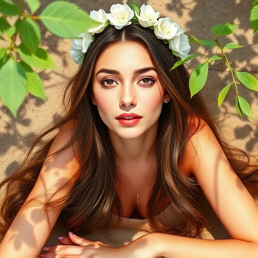 create a watercolor painting of an ethereal portrait of beautiful Kurdish woman with a simple white flower crown on her head. Her hair is long and she is lying on the ground. The sunlight on the trees casts shadows from the leaves on her face and body. The background is a neutral brown color that matches her skin tone. The image is minimalist and solid colors. This style is characterized by soft, delicate brushstrokes and a light, airy, contrasting color palette. High level of detail and play of light