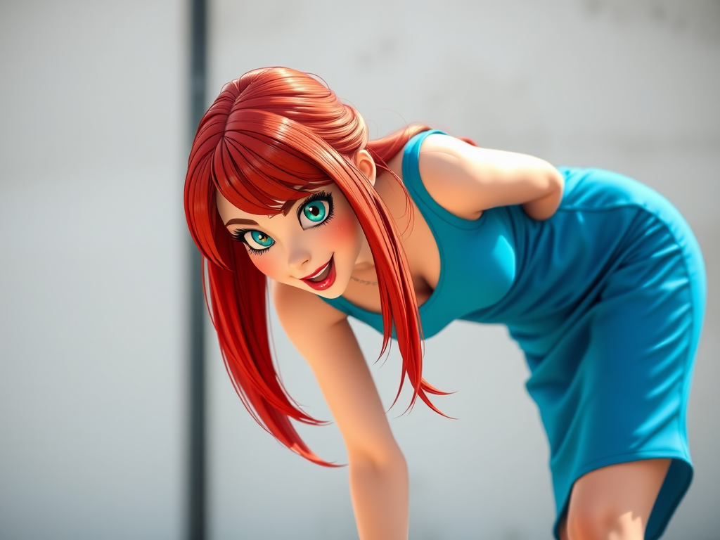 A vibrant cartoonish woman with long red hair in a stylish blue dress, bending forward playfully, captured in high resolution with a DSLR camera, aperture set to f/2.8, ISO 100, 50mm lens, natural lighting, shot from a low angle to emphasize her pose.