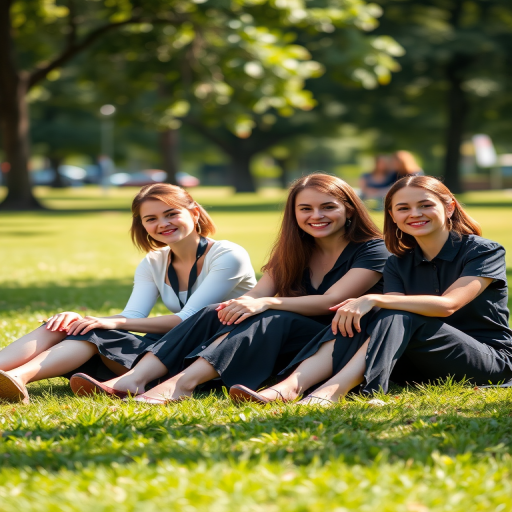 Capture a group of four young women in formal attire sitting on the grass in a sunny park setting, featuring soft lighting and a blurred background; use a DSLR camera with a 50mm lens, aperture set to f/1.8 for depth of field, ISO 200, and a shutter speed of 1/200s for clarity and vibrant colors.