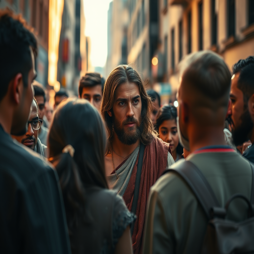 Create a scene of Jesus interacting with a diverse group of people in an urban setting, with dramatic lighting focusing on Jesus, captured with a Canon EOS R5, 50mm lens, f/1.8 aperture, ISO 100, and a 1/200 sec shutter speed to enhance detail and depth in the image.