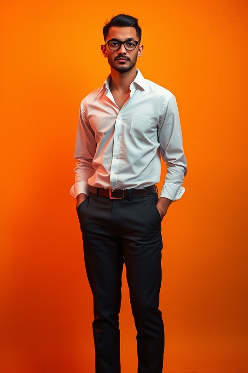 Create a stylized portrait of a tall, slender man with glasses, dressed in a white shirt and black pants, standing confidently against an abstract orange background, shot with a Canon EOS R5 at 50mm f/1.2, ISO 100, aperture f/2.8, in a soft focus, high dynamic range style.