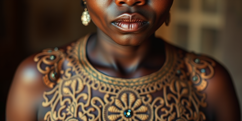 Face, shoulders, chest covered in openwork Yoruba embroidery. Raw, unedited image.