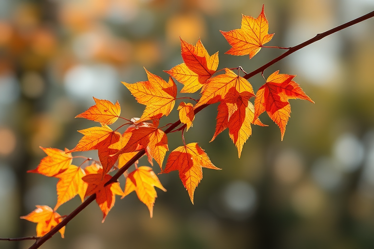 Create a high-resolution watercolor illustration of autumn leaves in vibrant oranges, reds, and yellows with a soft, blurred background, captured with a Canon EOS 5D Mark IV, 50mm lens, aperture f/2.8, ISO 200, in natural light to enhance the colors and details.
