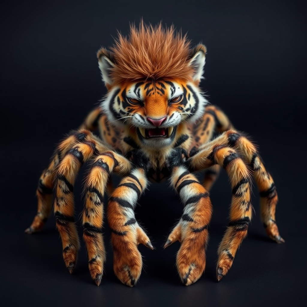 This charming yet frightening Spider Tiger features six legs, a hairy, furry body, and a cat-like tiger physique combined with an insectoid tiger head and tiger legs. The furry head further adds to the creature's unique appearance, creating a captivating blend of cuteness and fear that makes this six-legged, furry, insect-inspired tiger both adorable and scary.