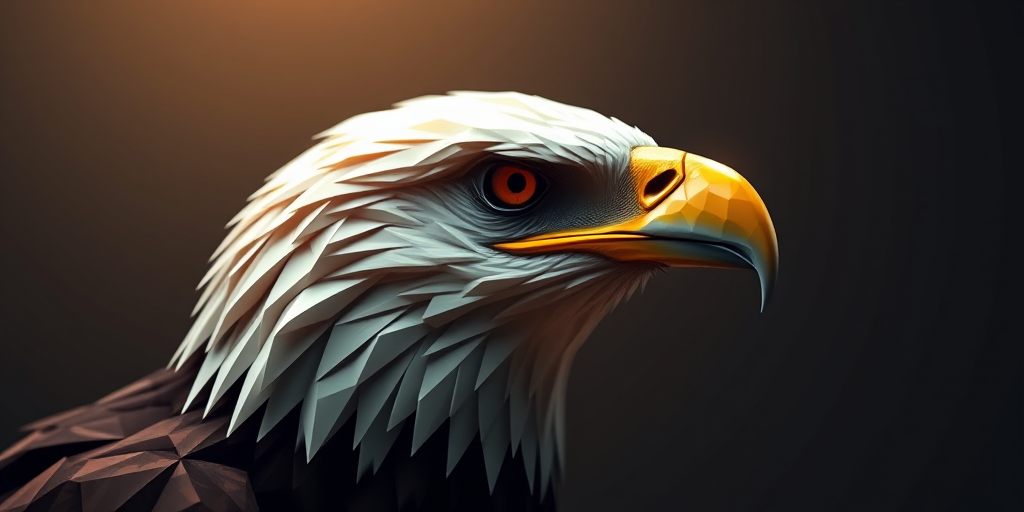 Create a high-resolution image of a stylized eagle head in low-poly art, using a Canon EOS 5D Mark IV with a 50mm f/1.8 lens, aperture set to f/2.8, ISO 100, in a soft lighting environment, shot from a dramatic angle with a focus on the intricate geometric patterns.
