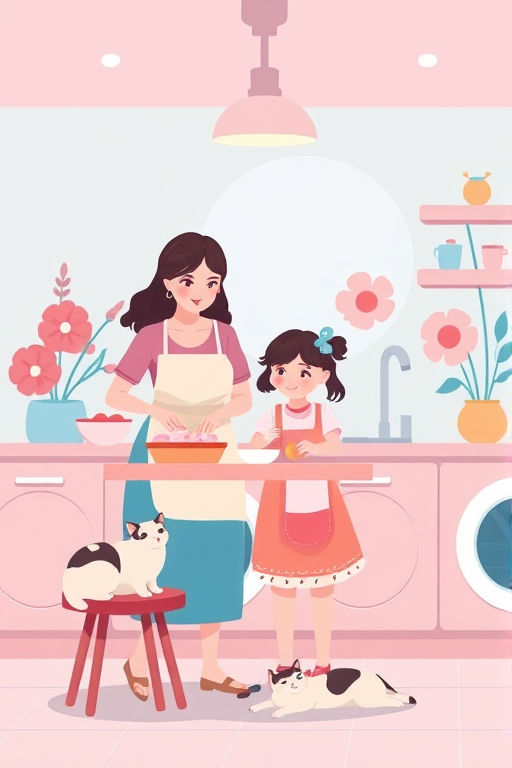 Create a digital illustration of a mother and daughter baking together in a brightly colored kitchen with pink and blue tones, include large, cartoonish flowers in the background, and add a cat lounging on a stool and another cat on the floor, overhead lighting with soft shadows, shot with a wide-angle lens at f/8, 24mm focal length, and a soft color palette in a flat design style.