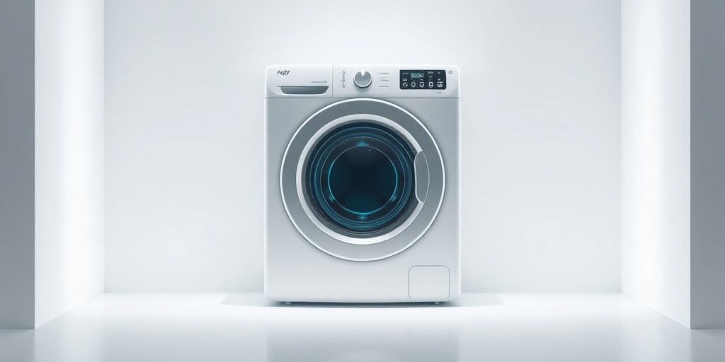 Create a high-resolution vector graphic of a washing machine icon with a rounded rectangular outline, using a minimalist style, backlit with soft white light, captured from a straight-on view using a digital camera set to f/8 aperture, ISO 100, and a shutter speed of 1/125s for enhanced clarity.