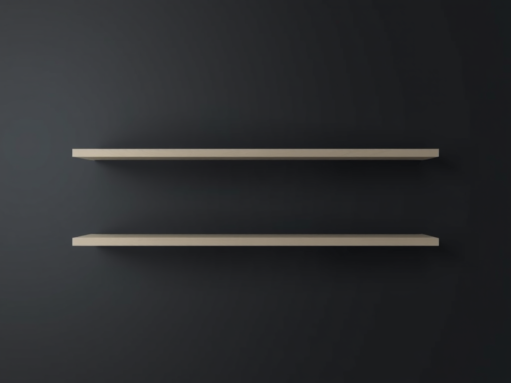 Create a high-resolution image of three horizontal shelves with a sleek black background, using a DSLR camera, aperture f/2.8, shutter speed 1/60s, ISO 200, shot from a straight-on angle with a soft focus to highlight the shelves' details and gold accents.