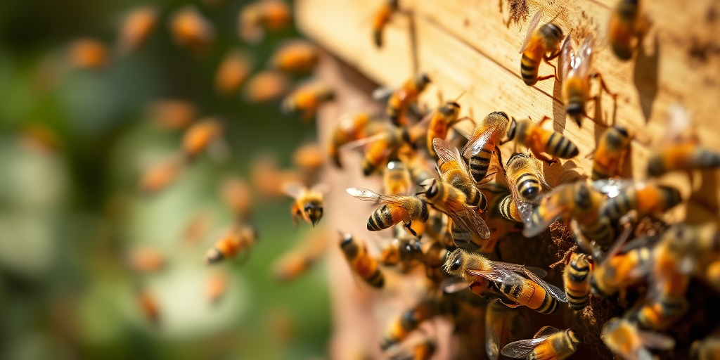 Close-up of bees swarming near a beehive, shallow depth of field to blur the background, natural sunlight, f/2.8 aperture, 1/500s shutter speed, 50mm lens, DSLR camera, vibrant colors and sharp detail.