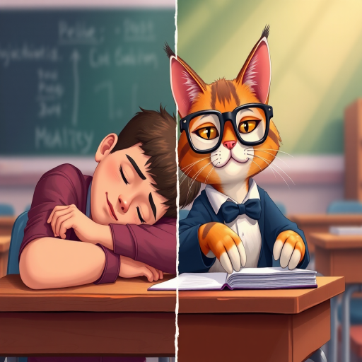 Illustration of a classroom scene with a tired student resting his head on a desk while a smartly dressed cat wearing glasses takes notes, split between reality and a daydream, capture with a Canon EOS R5, aperture f/2.8, ISO 100, 24mm lens, soft lighting, vibrant colors.