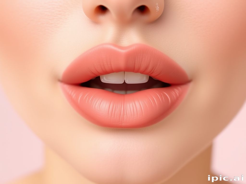 Soft peach matte lips with a subtle ombre effect, emphasizing natural contours and a delicate Cupid's bow, perfect for a fresh-faced daytime look