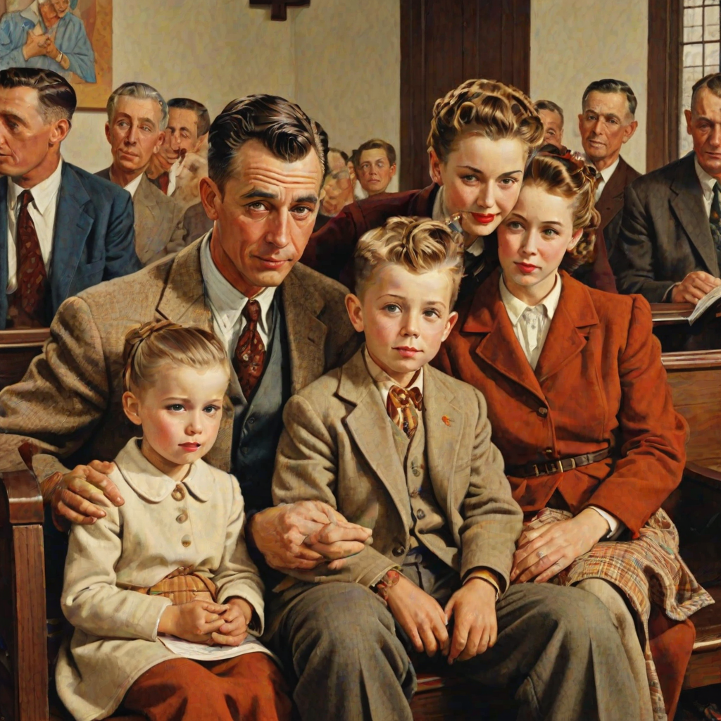 In the style of Norman Rockwell, a 1953 young family, looking pleasantly content is sitting in church, wearing cold weather clothing in autumn colors