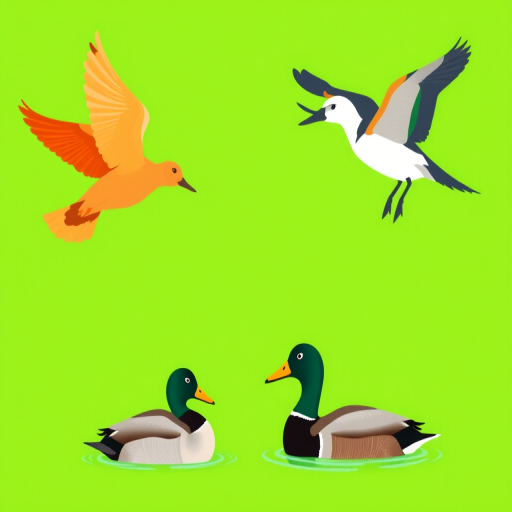 Create a digital illustration of four distinct birds in a flat design style, featuring a flying orange-winged bird in the top left, two ducks in the bottom left, a swimming duck in the bottom right, and a wading bird in the top right, using a bright green background for contrast, digital art type settings with a high resolution of 300 DPI, symmetrical composition and vibrant color palette.