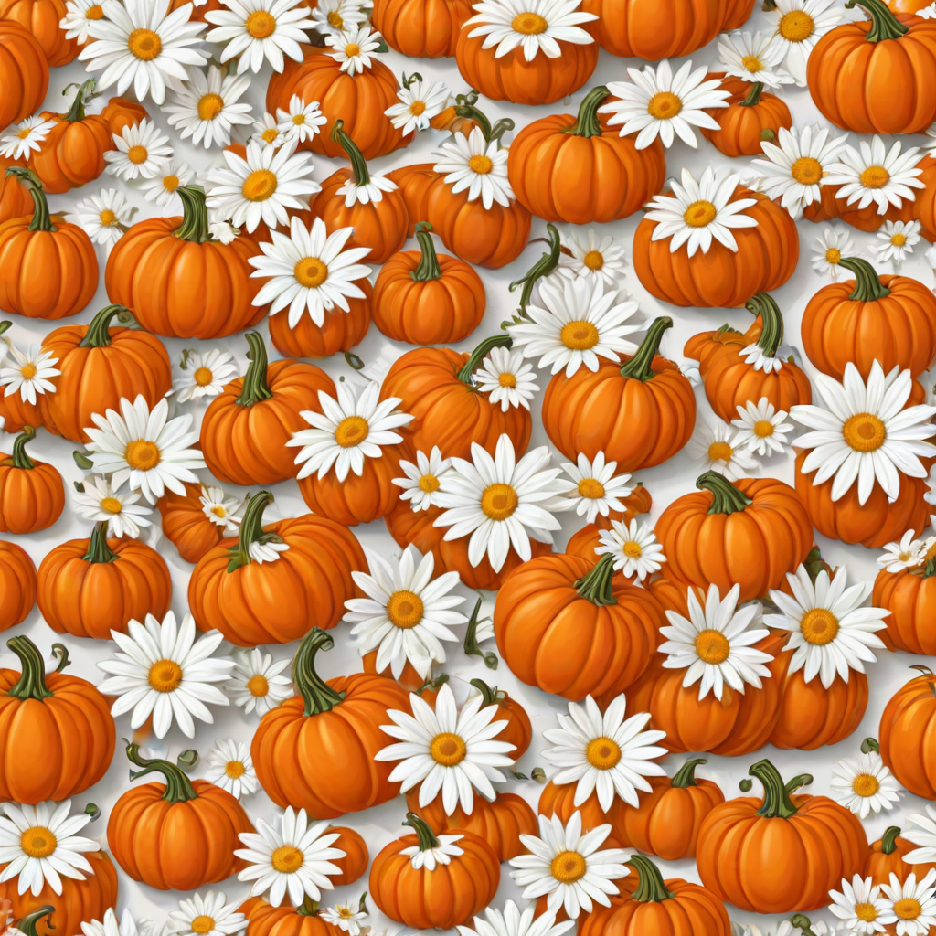 a whimsical orange pumpkin with white daises pattern covering the pumpkin. Solid white background sublimation vector 3000dpi 32k