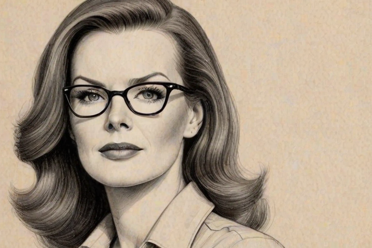 Delightful Marcia Cross, pencil sketch, portrait of Delightful woman 1941s in glasses, hair style beatnik, outline, clear lines, fine lines, 8k