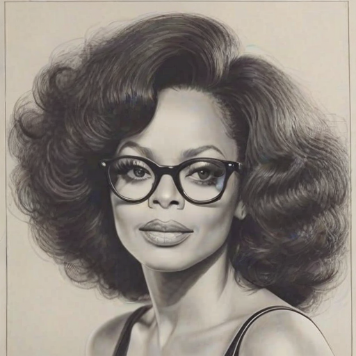 Attractive Diana Ross, pencil sketch, portrait of Magnificent woman 1960s in glasses, hair style beatnik, outline, clear lines, fine lines, 8k