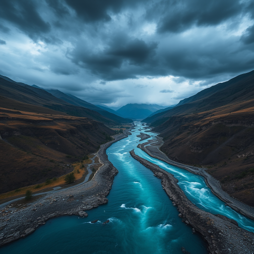 Create a dramatic landscape image of a river flowing through a valley surrounded by mountains under a stormy sky with lightning, use a Canon EOS R5 camera, set aperture to f/8, shutter speed to 1/200s, ISO 100, with a wide-angle lens at 24mm, and capture from a high vantage point to enhance depth and detail in the scene.