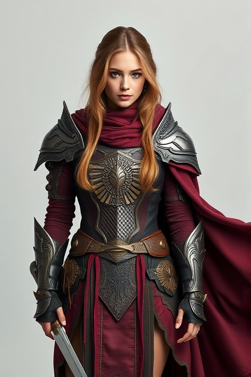 Generate an image of a female warrior in a fantasy outfit, featuring ornate armor, a flowing cloak, and a confident expression, shot with a DSLR camera at 50mm lens, f/1.8 aperture, ISO 100, natural light, in a studio setting with a clean background.