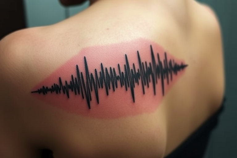 Innovative soundwave tattoo called "Eternal Echoes" depicting the visual representation of a specific audio clip such as a loved one's voice